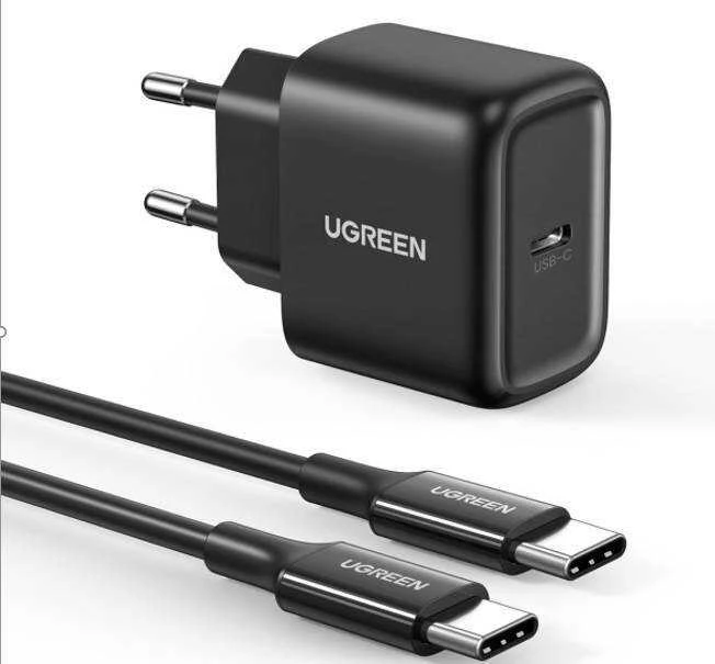 Sieninis įkroviklis UGREEN CD250, 25W, USB-C (juodas) + USB-C į USB-C laidas, 2m (juodas)