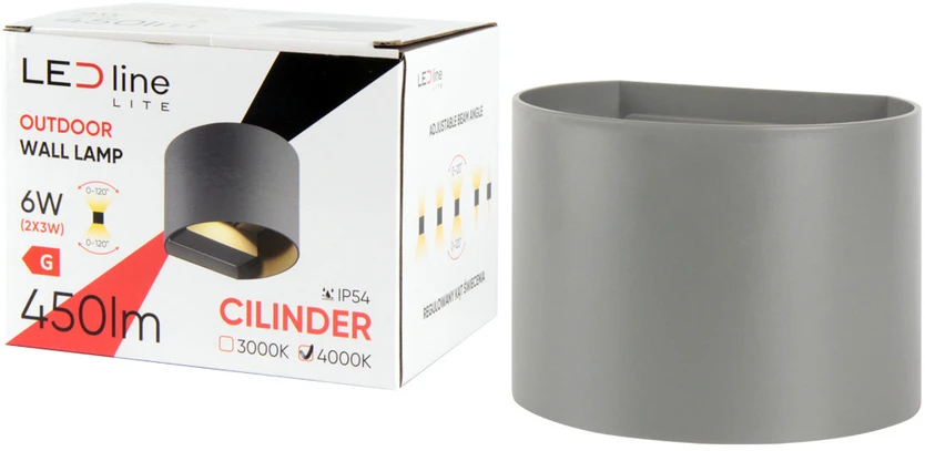 Sieninis lauko šviestuvas CILINDER, LED 2x3W, 3000K, IP54, reguliuojamo švietimo kampo, pilkas, LED line LITE