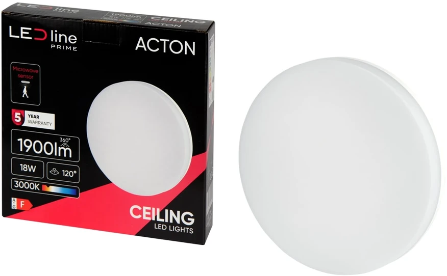 Sieninis šviestuvas Led Line Prime LED šviestuvas, paviršinis, ACTON 18W 1900lm 3000K IP54 apvalus su judesio jutikliu