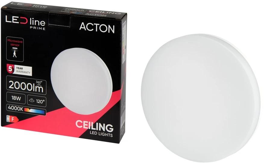 Sieninis šviestuvas Led Line Prime LED šviestuvas, paviršinis, ACTON 18W 2000lm 4000K IP54 apvalus su judesio jutikliu