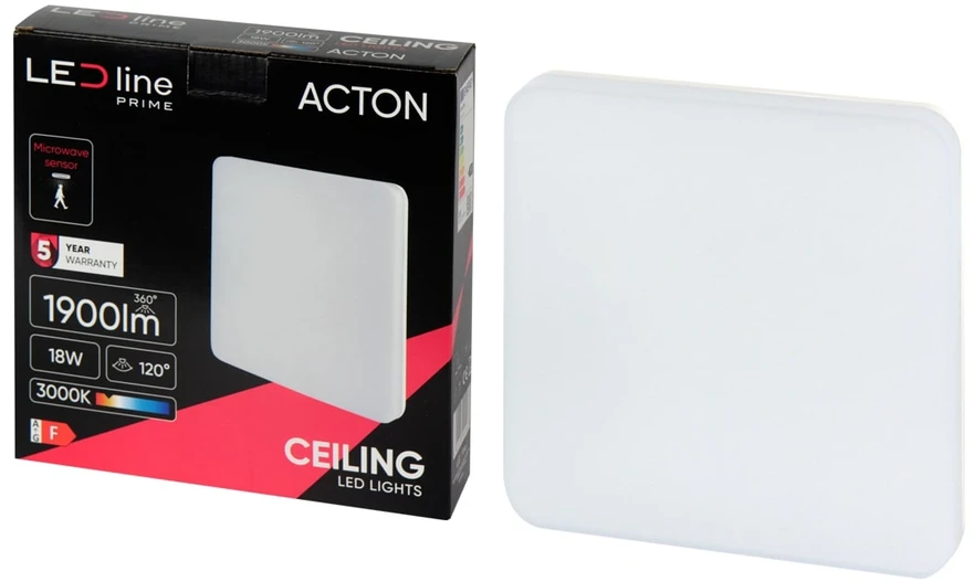 Sieninis šviestuvas Led Line Prime LED šviestuvas, paviršinis, ACTON 18W 1900lm 3000K IP54 kvadratinis su judesio jutikliu