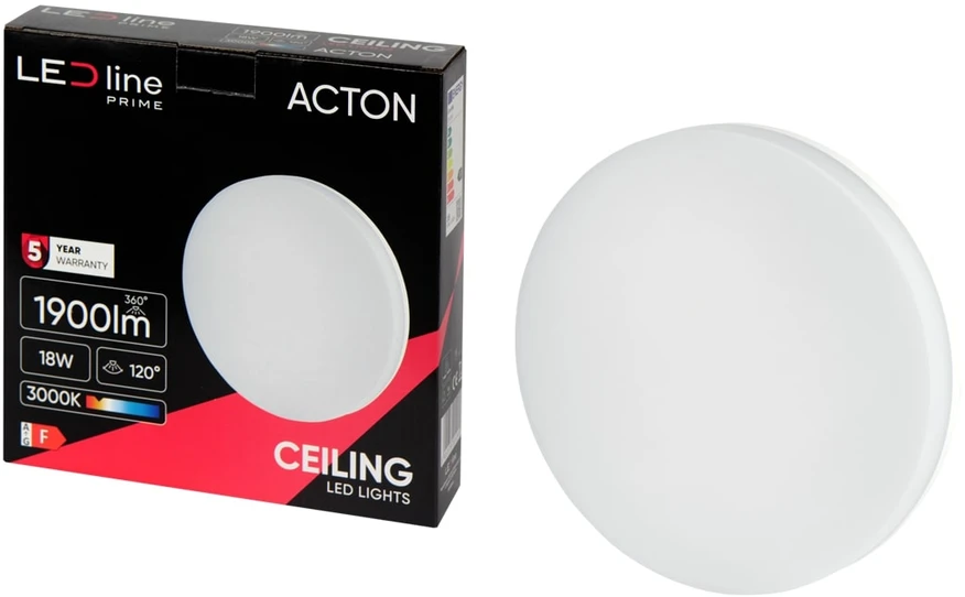 Sieninis šviestuvas Led Line Prime LED šviestuvas, paviršinis, ACTON 18W 1900lm 3000K IP54 apvalus