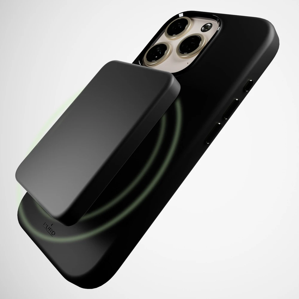 Puro Icon Mag Pro MagSafe Silicone dėklas skirtas Apple iPhone 16 Pro – juodos spalvos