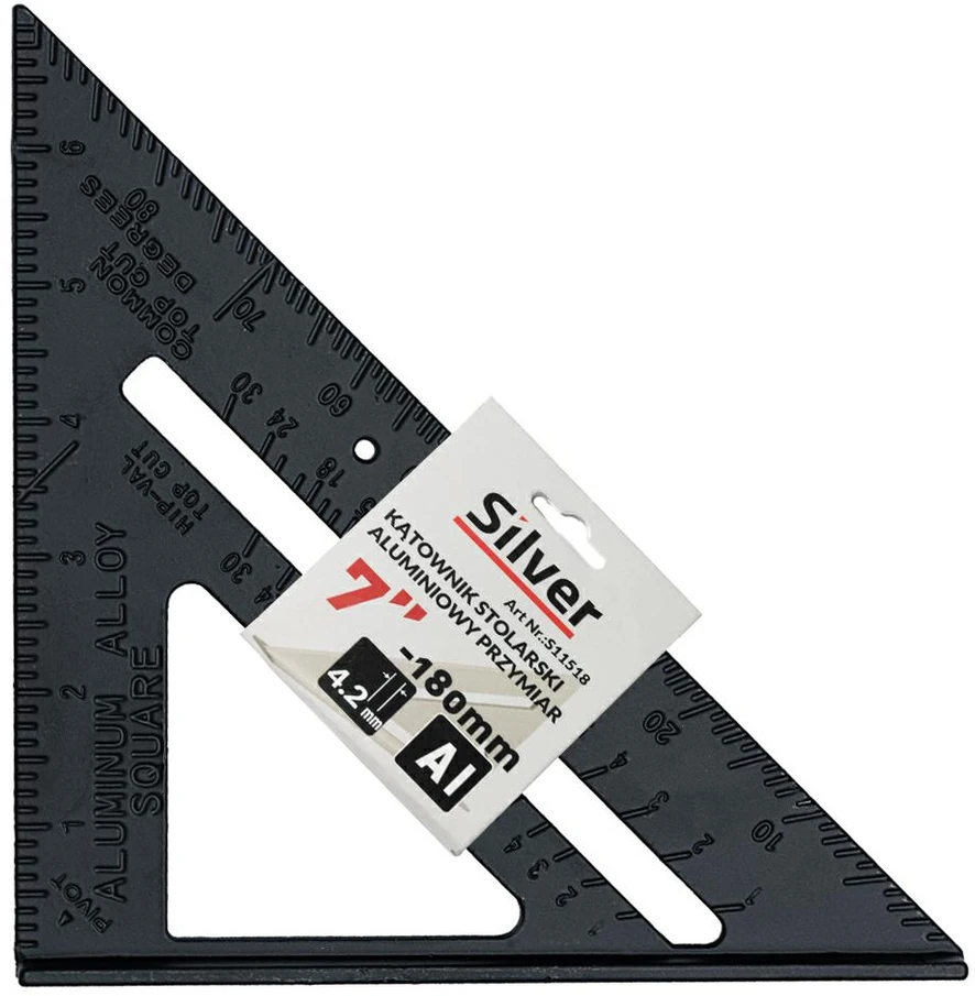 SILVER Sidabrinis KĄTOWNIK STOLARSKI ALUMINIOWY PRZYMIAR 7"