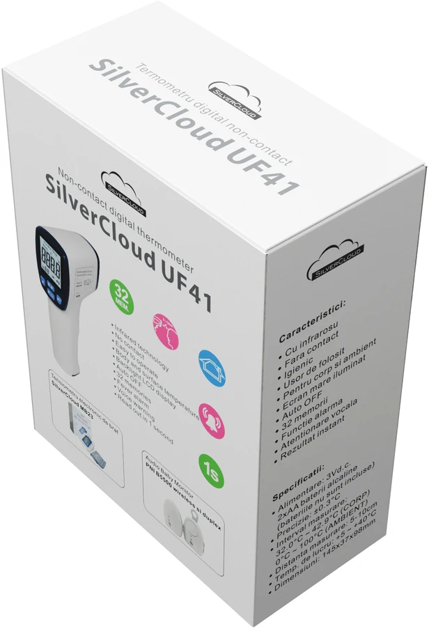 SilverCloud UF41 skaitmeninis termometras su infraraudonųjų spindulių, bekontakte, kūno ir paviršiaus matavimo technologija bei balso įspėjimo funkcija