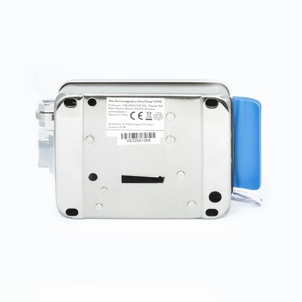 SilverCloud YE910 elektromagnetinė sklendė, 12V, nerūdijantis plienas, su dviguba šerdimi ir mygtuku, Fail Secure NO, suderinama su praėjimo kontrolės sistemomis