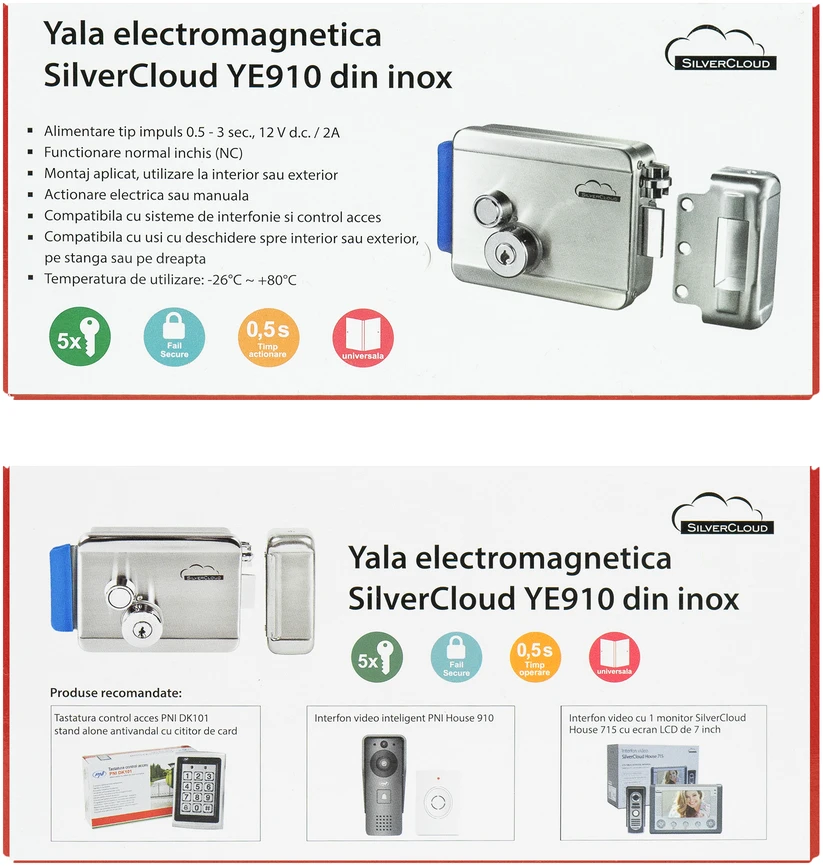 SilverCloud YE910 elektromagnetinė sklendė, 12V, nerūdijantis plienas, su dviguba šerdimi ir mygtuku, Fail Secure NO, suderinama su praėjimo kontrolės sistemomis