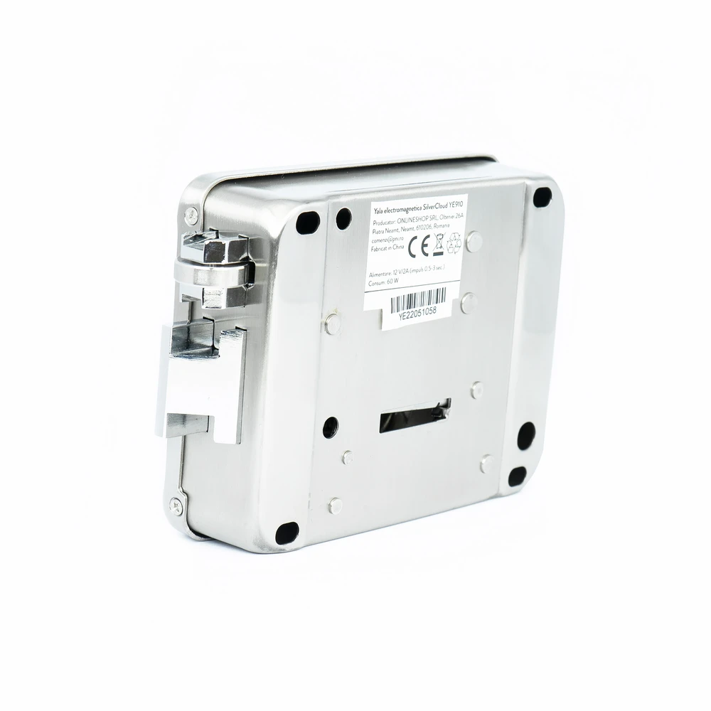 SilverCloud YE910 elektromagnetinė sklendė, 12V, nerūdijantis plienas, su dviguba šerdimi ir mygtuku, Fail Secure NO, suderinama su praėjimo kontrolės sistemomis