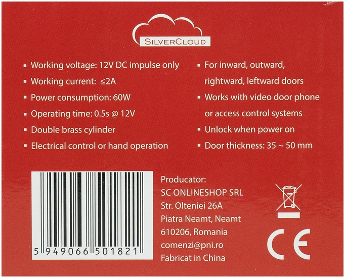 SilverCloud YE910 elektromagnetinė sklendė, 12V, nerūdijantis plienas, su dviguba šerdimi ir mygtuku, Fail Secure NO, suderinama su praėjimo kontrolės sistemomis