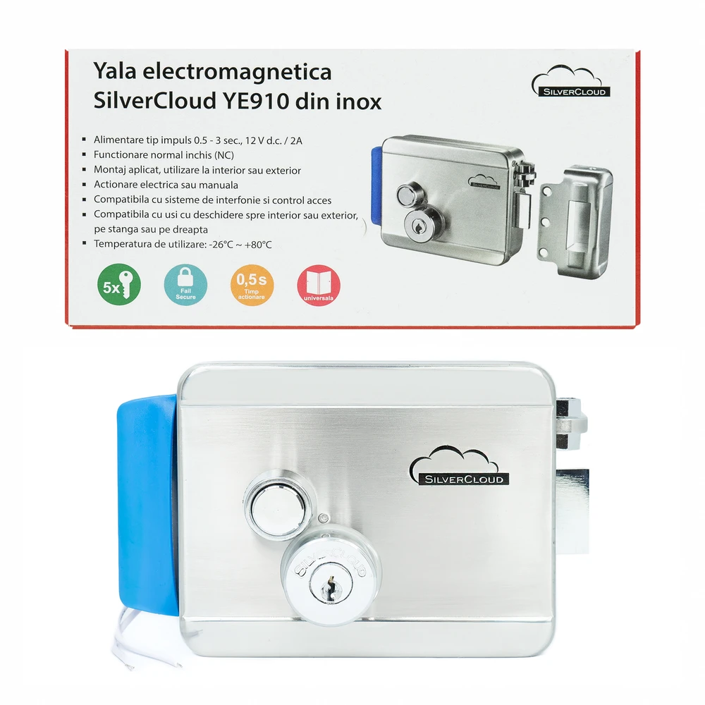 SilverCloud YE910 elektromagnetinė sklendė, 12V, nerūdijantis plienas, su dviguba šerdimi ir mygtuku, Fail Secure NO, suderinama su praėjimo kontrolės sistemomis