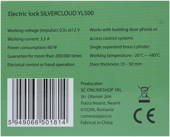 SilverCloud YL500 elektromagnetinė spyna su laikikliu, kairinė, Fail Secure NO