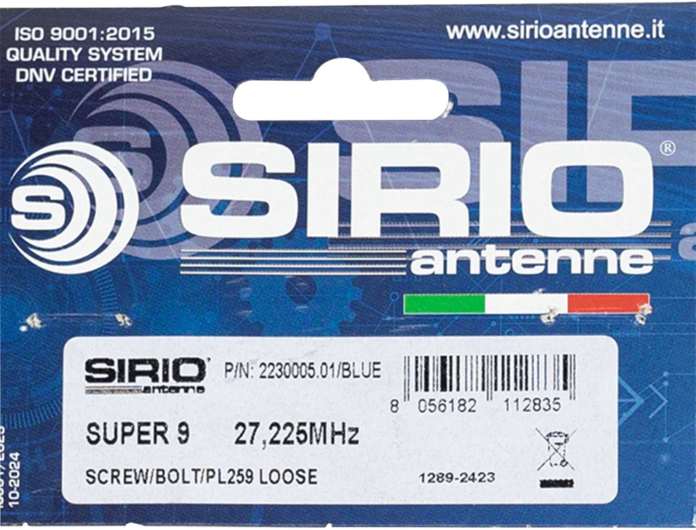 Sirio SUPER 9 CB antena su „butterfly“ tipo laikikliu, ilgis 155 cm, 27 – 28.5 MHz, 250W, komplekte laikiklis, 4m RG58 kabelis ir PL259 jungtis