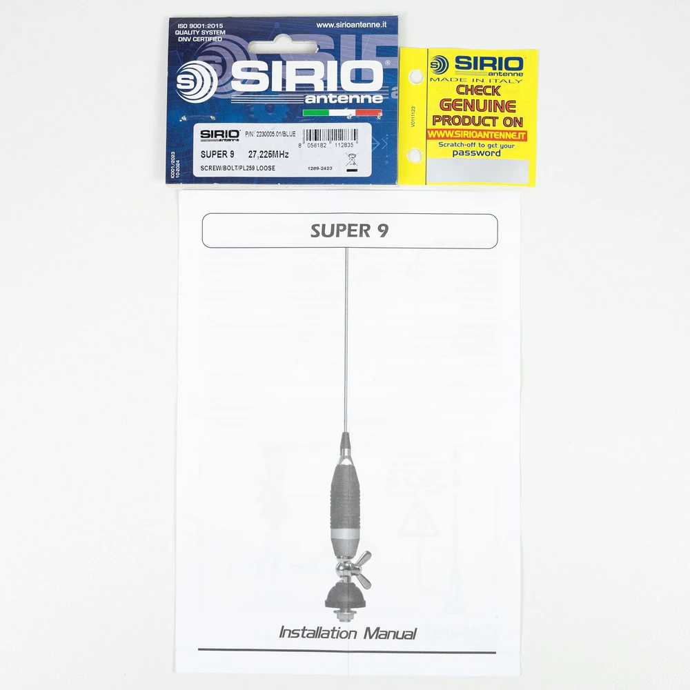 Sirio SUPER 9 CB antena su „butterfly“ tipo laikikliu, ilgis 155 cm, 27 – 28.5 MHz, 250W, komplekte laikiklis, 4m RG58 kabelis ir PL259 jungtis