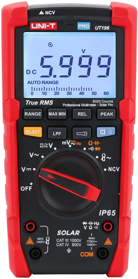 Skaitmeninis multimetras SOLAR PRO, TRMS, NCV, LPF,1.7kVDC, 1.5kVAC, 1Mhz, 60MOm, 60uF, IP65, CAT III 1000V, CAT IV 600V, UNI-T