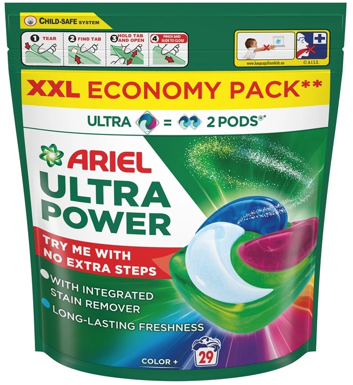 Skalbimo kapsulės Ariel Ultra Power Color+, 29 vnt.