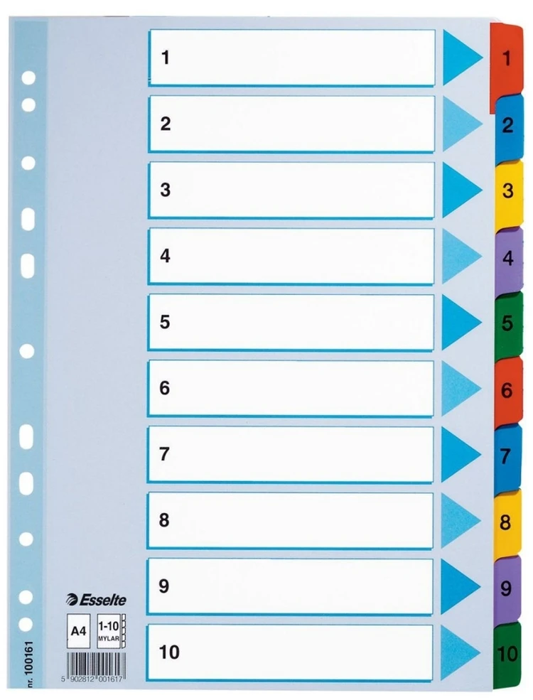 Skiriamieji lapai Esselte Mylar, A4, 1-10 skaičiai, spalvotii