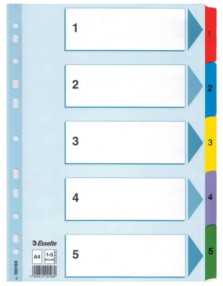 Skiriamieji lapai Esselte MYLAR, A4, kartoniniai 1-5 skaičiai PP, įvairių spalvų