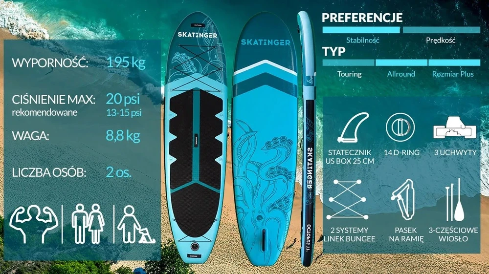 SUP riedlentė „Deska Skatinger Octopus“ 335x86x15 cm, universali