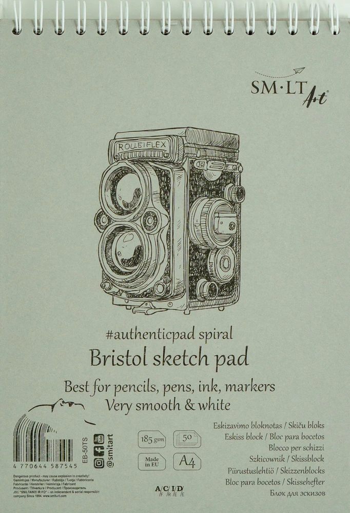 Smiltainis Bloknotas eskizams Bristol AUTHENTIC, A4, 185gr, 50 lapų, su spirale viršuje, kieta nugarėle