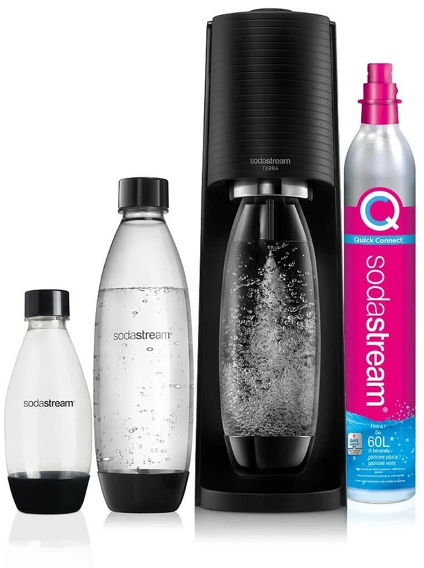 Gazuotų gėrimų gaminimo aparato SodaStream Terra rinkinys, juodas +DOVANA Bubly drops™ persikų skonio SodaStream sirupas