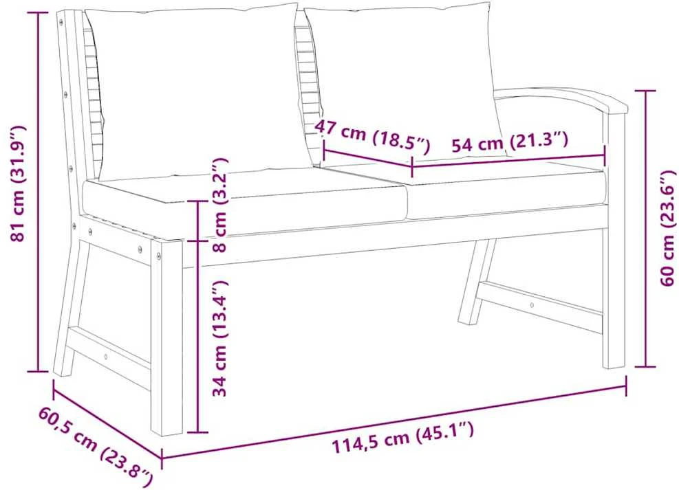Sodo suoliukas su kreminėmis pagalvėlėmis, 114,5cm, akacija