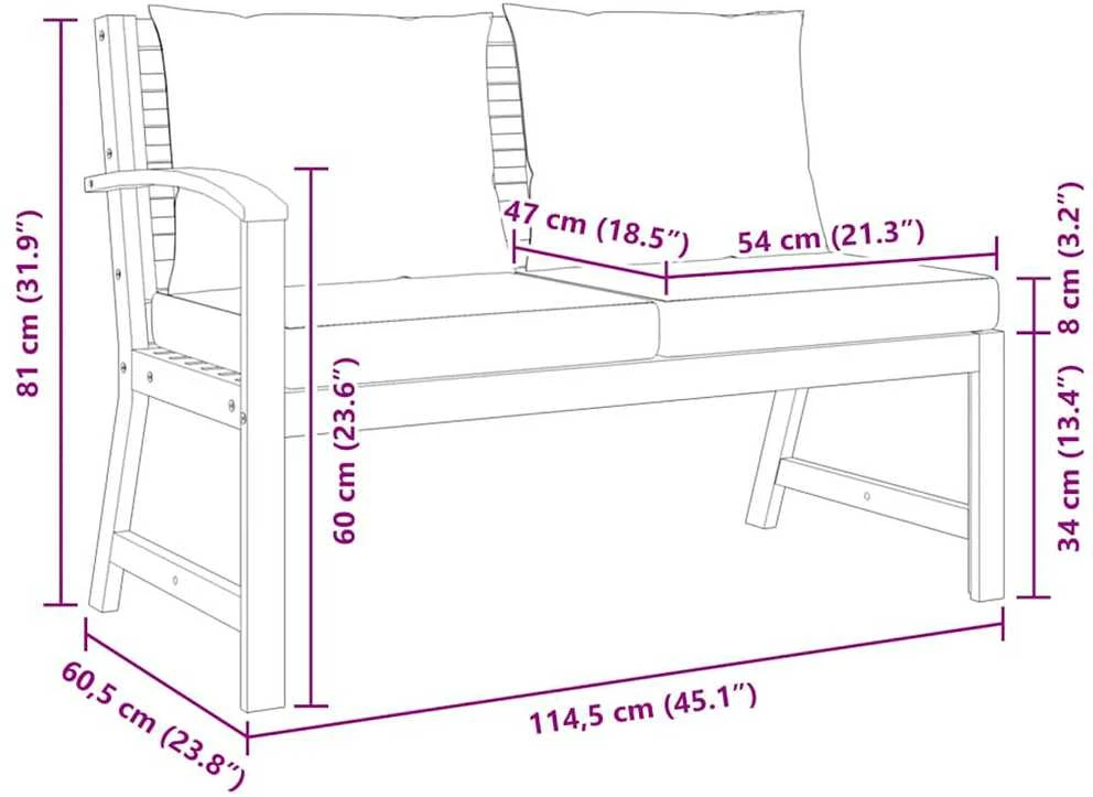 Sodo suoliukas su kreminėmis pagalvėlėmis, 114,5cm, akacija