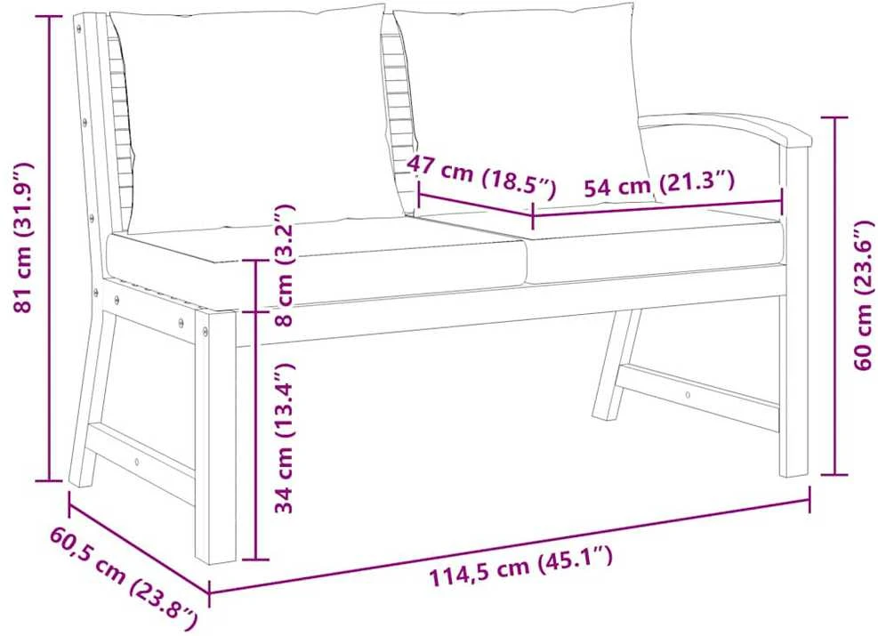 Sodo suoliukas su pilkomis pagalvėlėmis, 114,5cm, akacija