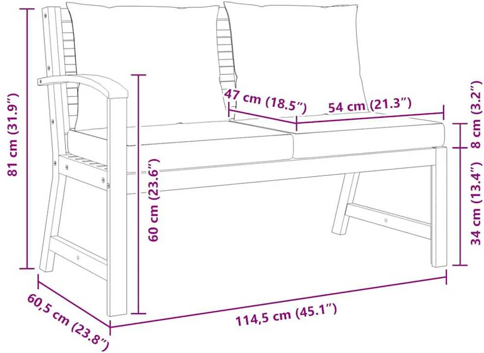 Sodo suoliukas su pilkomis pagalvėlėmis, 114,5cm, akacija