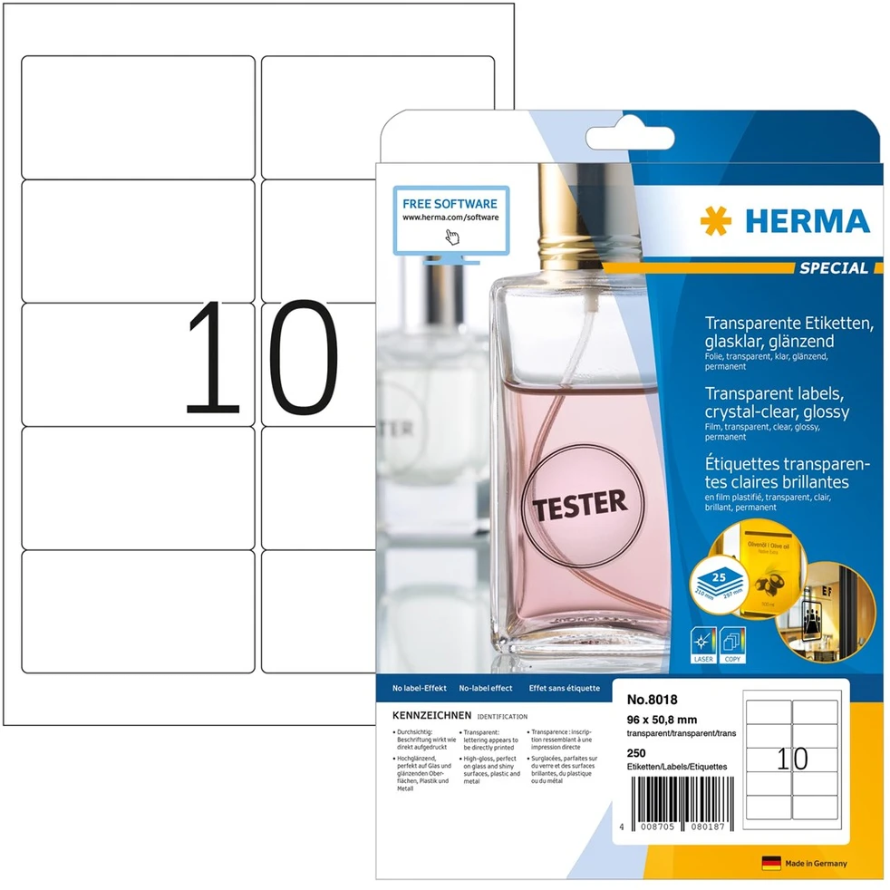 HERMA 8018 etiketė spausdinimui Permatomas Lipni spausdintuvo etiketė