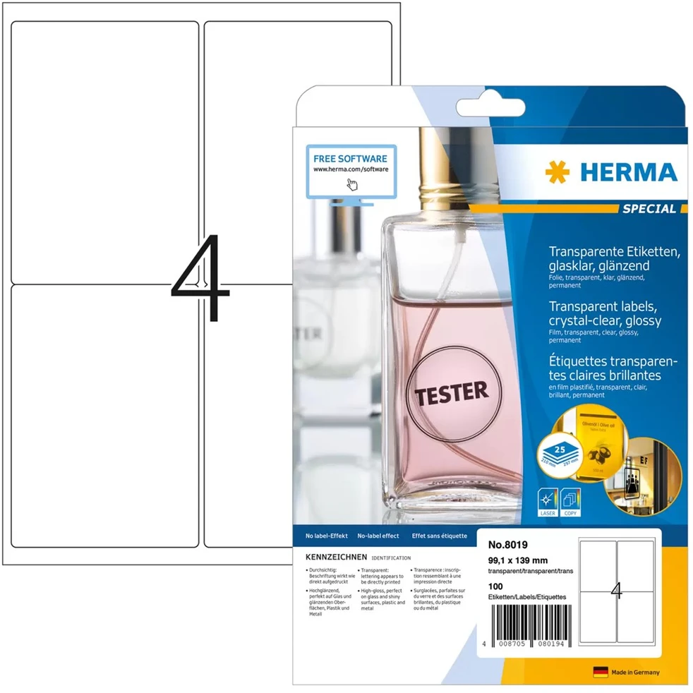 SOP HERMA 8019 etiketė spausdinimui Permatomas Lipni spausdintuvo etiketė