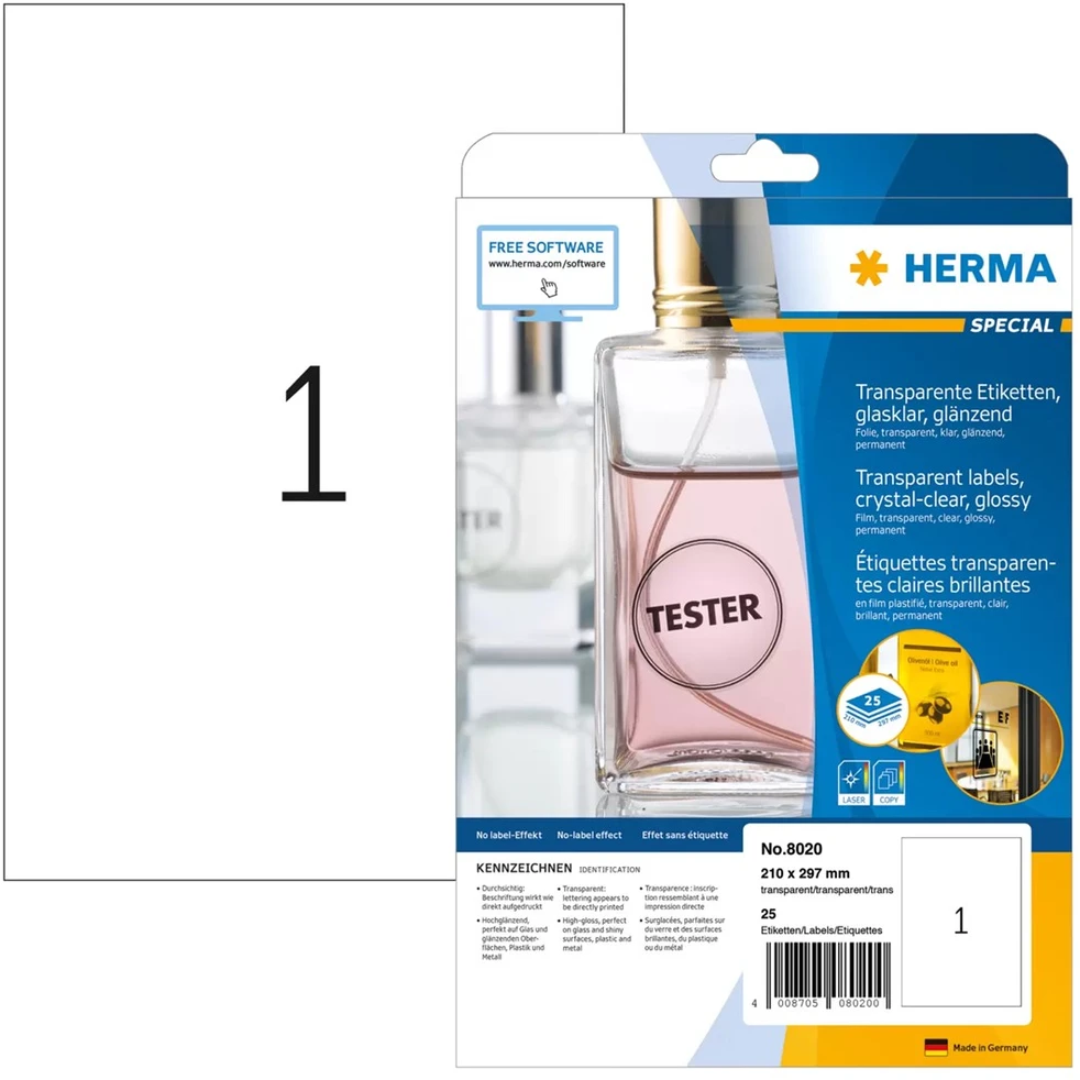 SOP HERMA 8020 etiketė spausdinimui Permatomas Lipni spausdintuvo etiketė