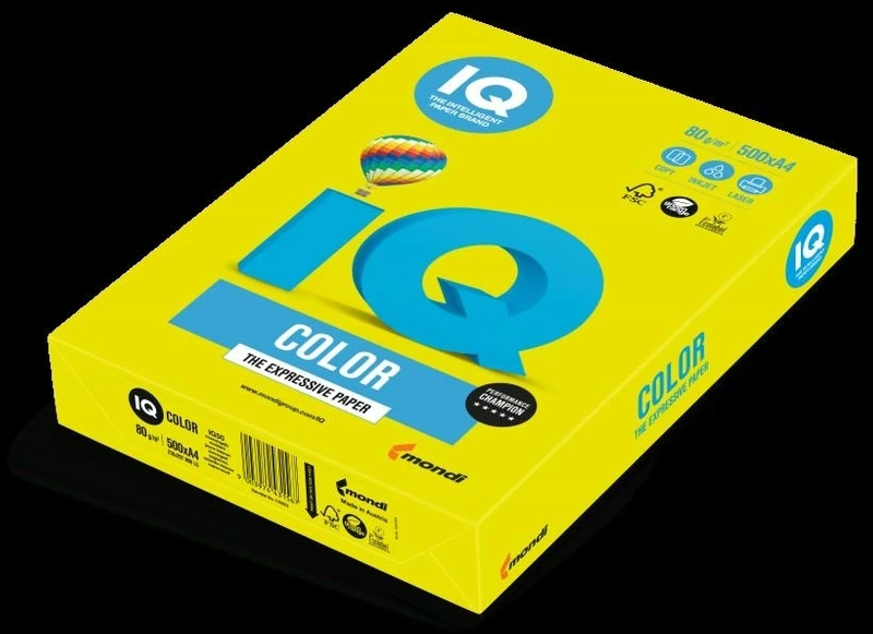 Spalvotas biuro popierius IQ, A4, 80g, NEOGB, neoninės geltonos spalvos, 500 lapų