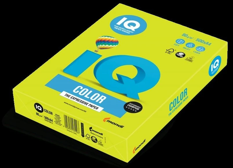 Spalvotas biuro popierius IQ, A4, 80g, NEOGN, neoninės žalios spalvos, 500 lapų