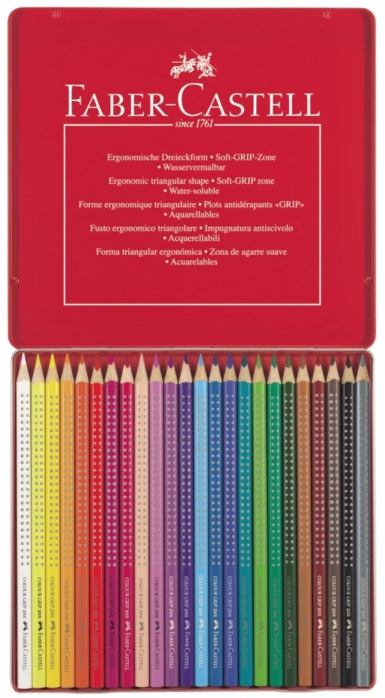 Spalvoti akvareliniai pieštukai Faber-Castell GRIP 2001, tribriauniai, 24 spalvų, metalinėje dežutėje