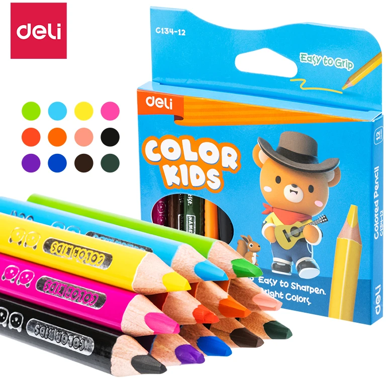 Spalvoti pieštukai DELI Color Kids, tribriauniai, 12 spalvų