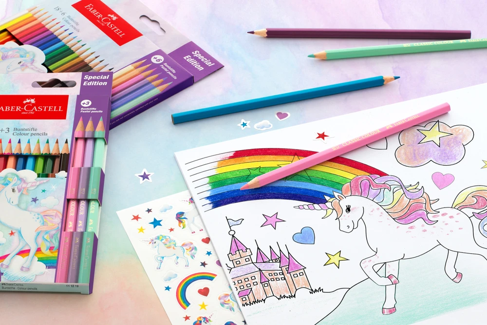 Spalvoti pieštukai Faber-Castell Colour Grip Unicorn 10 +3 pastelinės spalvos