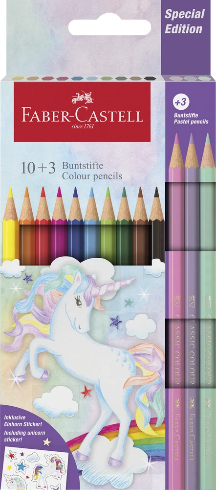 Spalvoti pieštukai Faber-Castell Colour Grip Unicorn 10 +3 pastelinės spalvos