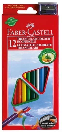 Spalvoti pieštukai Faber-Castell Eco. tribriauniai. 12 spalvų. su drožtuku