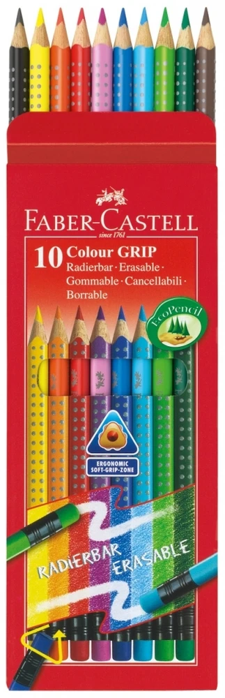 Spalvoti pieštukai Faber-Castell Grip 2001, tribriauniai, 10 spalvų su trintuku