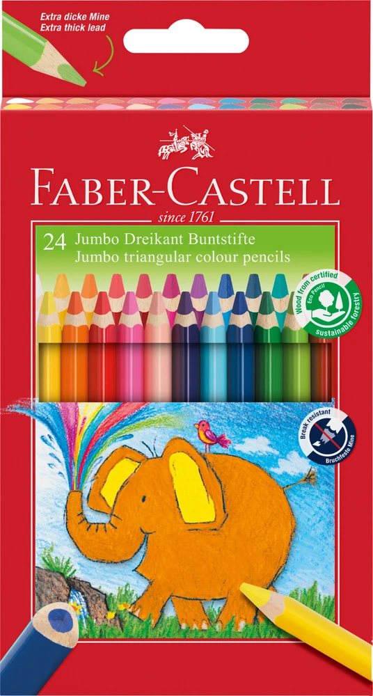 Spalvoti pieštukai Faber-Castell Jumbo, tribriauniai, 24 spalvų