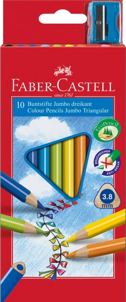 Spalvoti pieštukai Faber-Castell Junior Grip, tribriauniai, 10 spalvų, su drožtuku