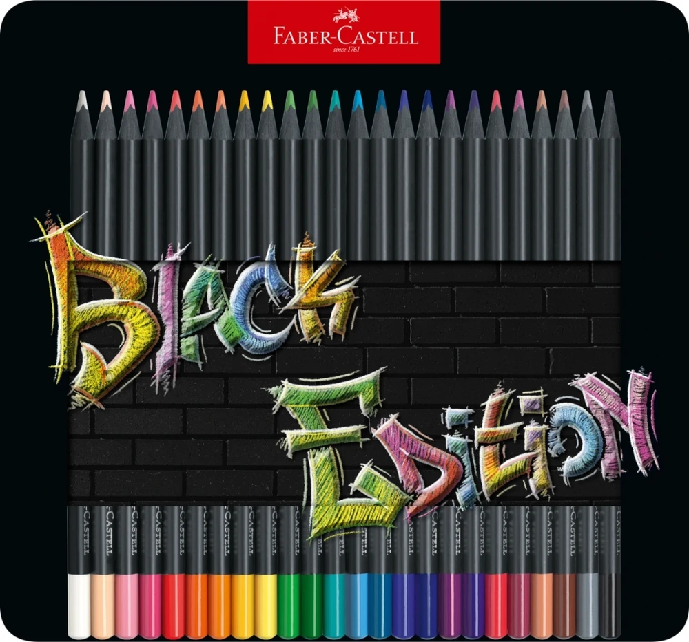 Spalvoti pieštukai Faber-Castell Juodas Edition, 24 ryškių spalvų, metalinėje dėžutėje