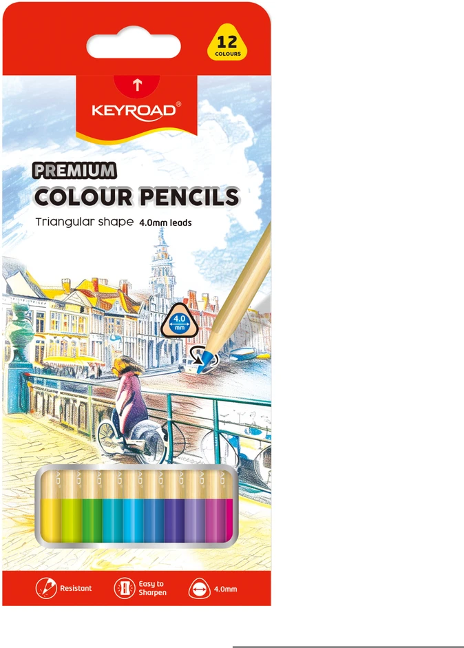 Spalvoti pieštukai Keyroad, 4,0 mm šerdis, tribriauniai, 12 spalvų