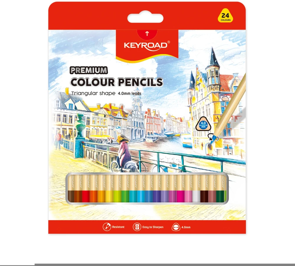 Spalvoti pieštukai Keyroad, 4,0 mm šerdis, tribriauniai, 24 spalvos