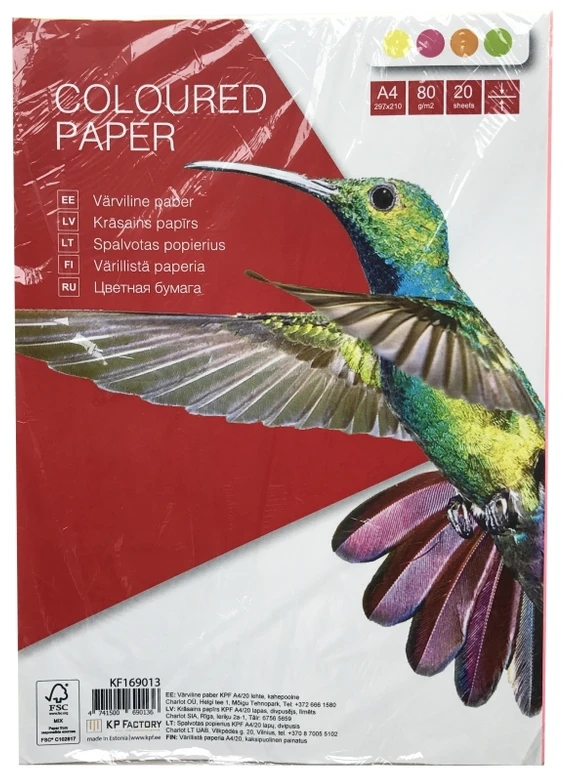 Spalvoto popieriaus rinkinys College, A4, 80g, 4 neoninės spalvos po 5 lapus, 20 lapų