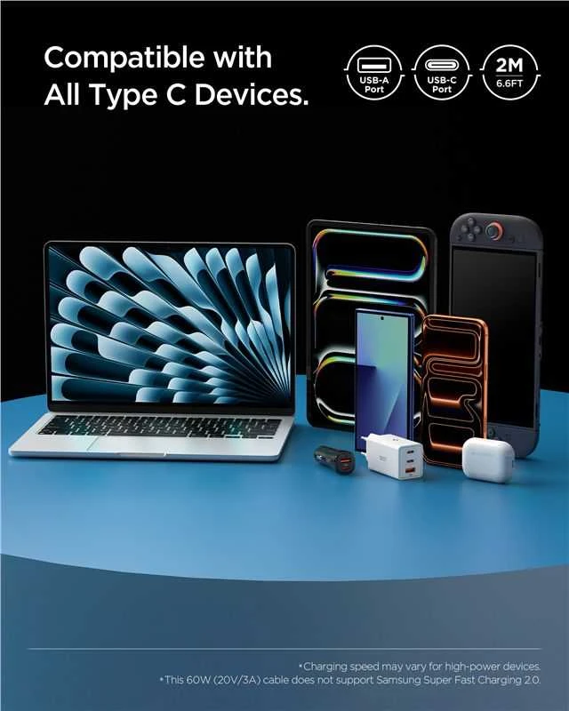 Spigen „Essential“ USB A–USB C 60 W laidas, baltas EB6010AC