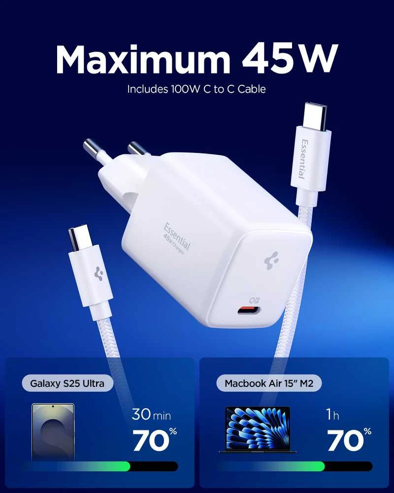 Spigen EE451EU Essential USB-C 45W Wall Charger - Baltas