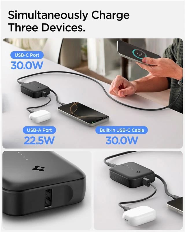 Spigen Essential 10,000 mAh 30W Power Bank (Built in Cable), juodas EA3010BT