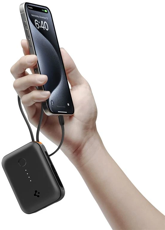 Spigen Essential 10,000 mAh 30W Power Bank (Built in Cable), juodas EA3010BT