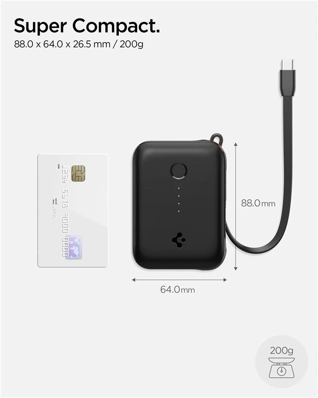 Spigen Essential 10,000 mAh 30W Power Bank (Built in Cable), juodas EA3010BT